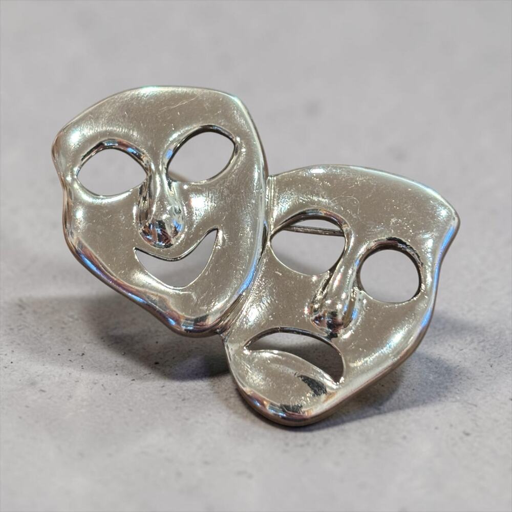 Vintage Comedy Tragedy Theater Masks Brooch Silver Tone Drama Actor Pin